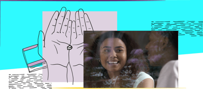 Woman smiling, illustration of hands holding a pill