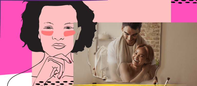 Couple in front of a mirror and the illustration of a womans head